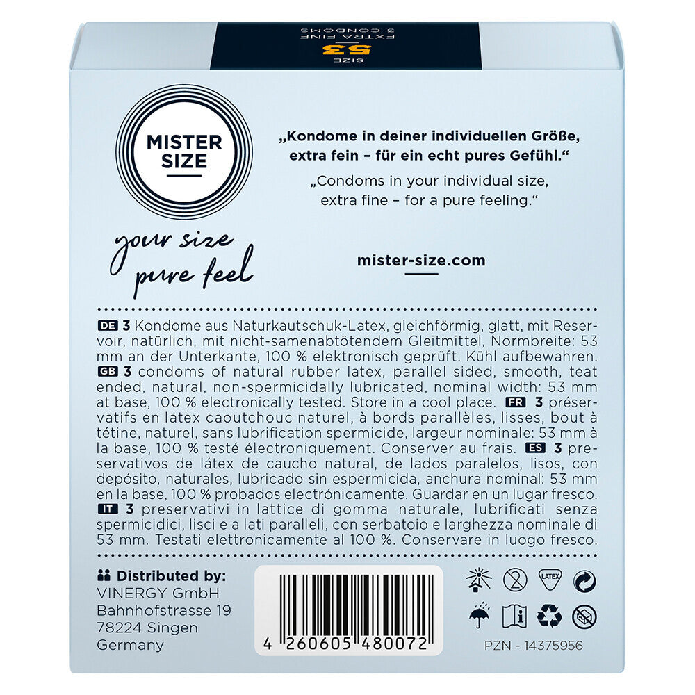 Mister Size 53mm condoms: extra-fine, pure feeling condoms in your perfect size for a confident and comfortable fit.