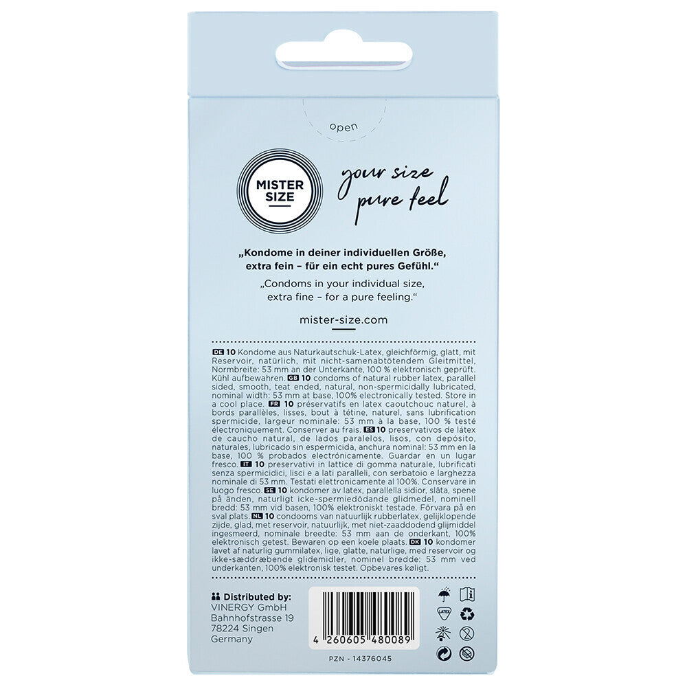 Mister Size 53mm Pure Feel condoms, 10 pack. Your size, extra fine!