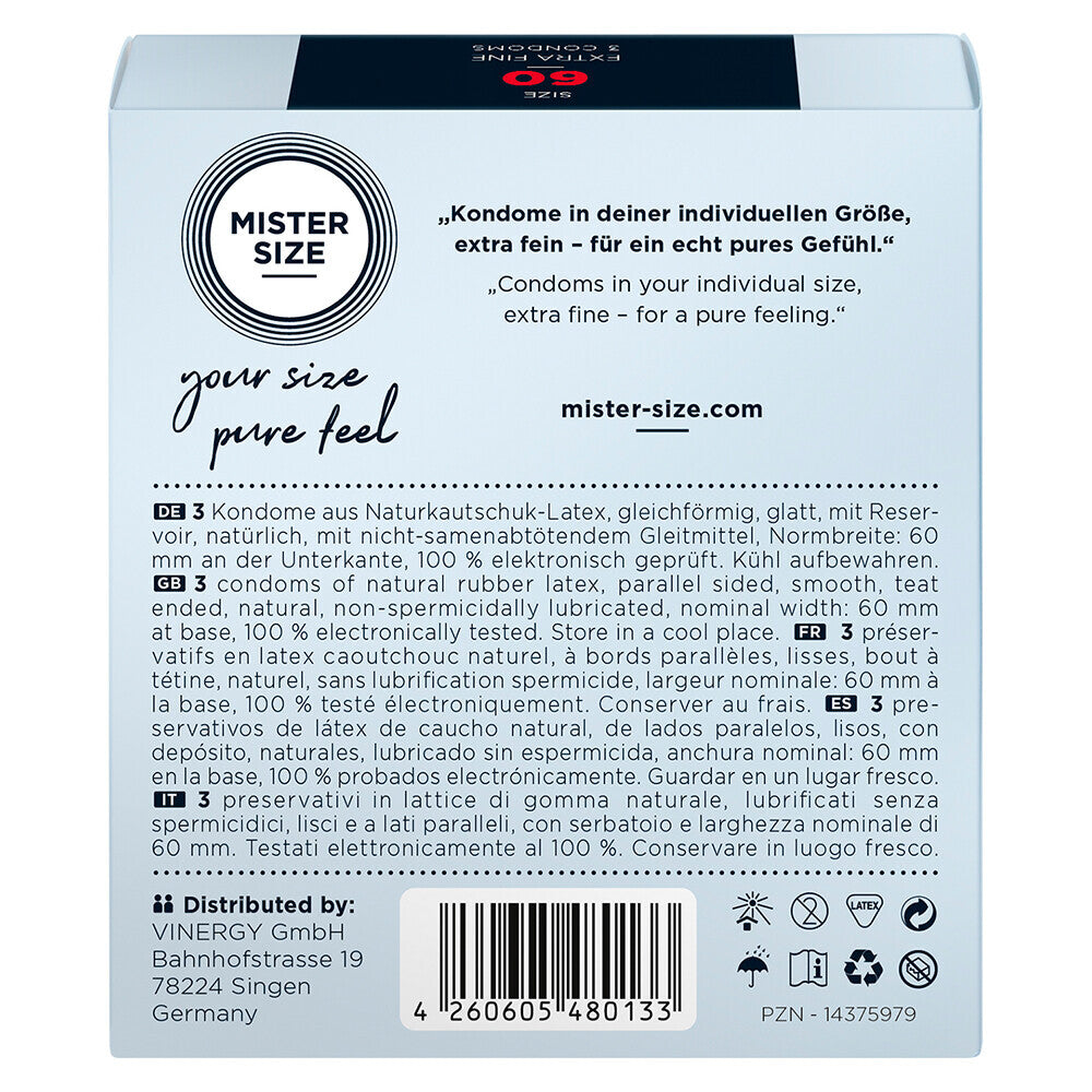 Mister Size 60mm condoms
Mister Size "Your Size Pure Feel" condoms 3-pack: 60mm width for that extra pure feeling, packaged & ready for action.