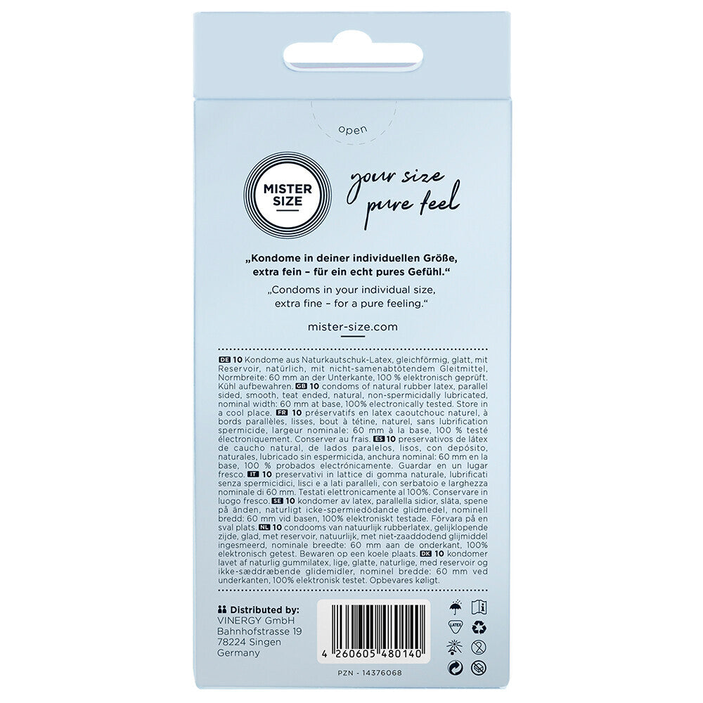 Your Size Pure Feel Condoms. 60mm for a perfect fit, natural latex. Pleasure, protection, and body-positivity in every pack.