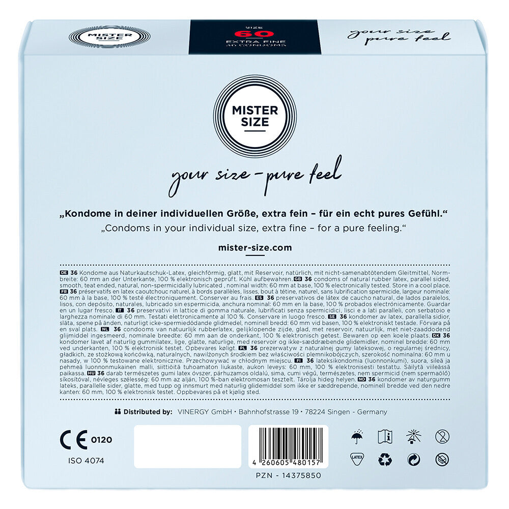 Mister Size 60mm condoms: Your size, pure feel, extra fine protection.