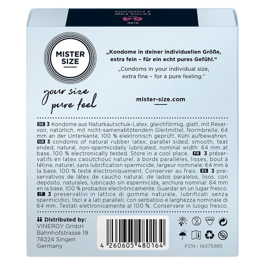 Mister Size 64mm condoms three pack, "your size pure feel" condom package with condom information.