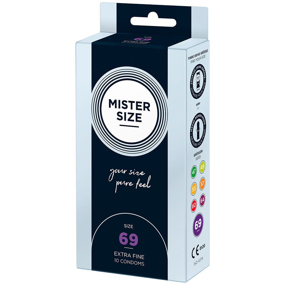 Mister Size 69mm 'Your Size Pure Feel' condoms box. Find your fit and enjoy feel-good confidence, in a snug and safe size 69mm.
