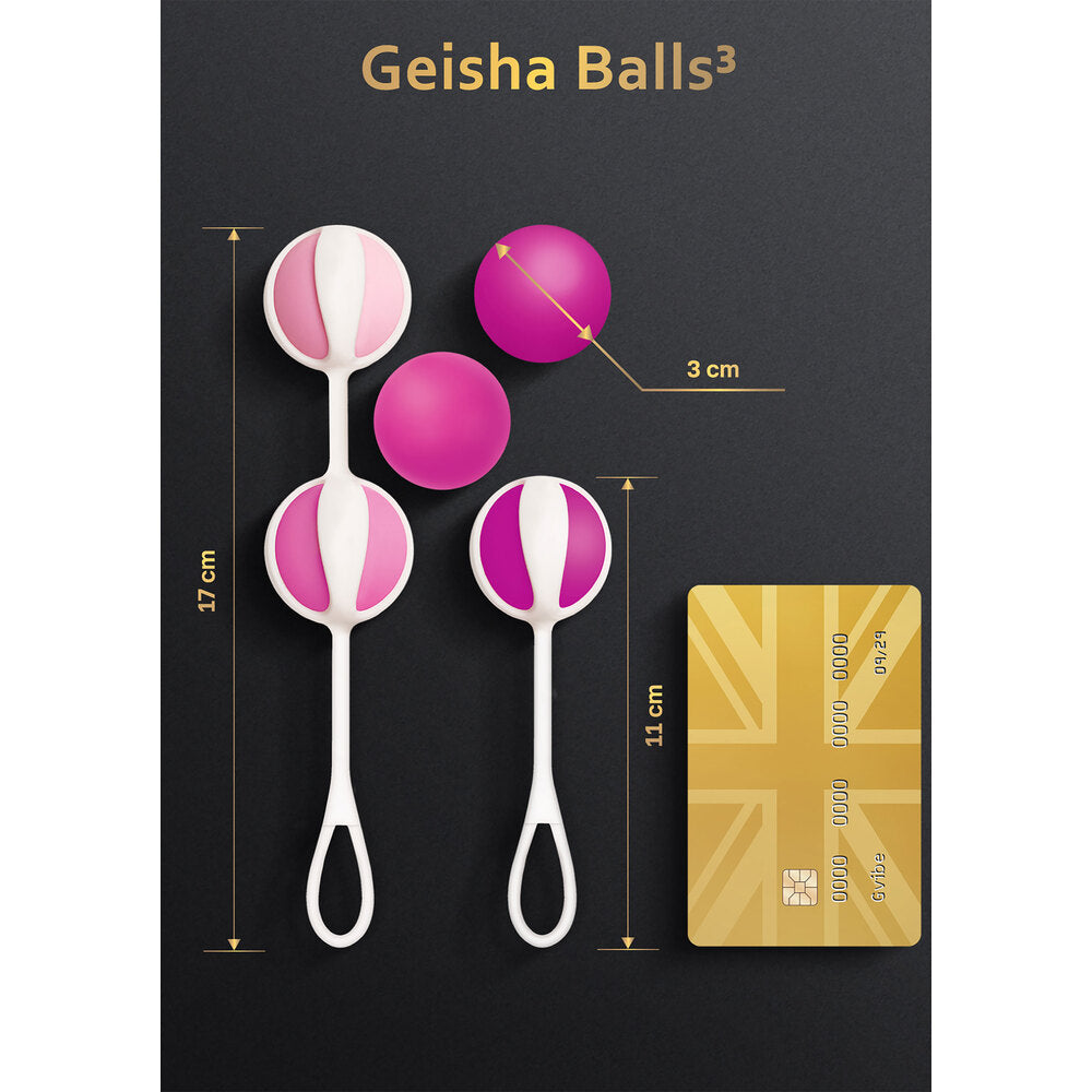 G Vibe Geisha Balls3: two pink dual balls, two single pink balls and size information on black background.