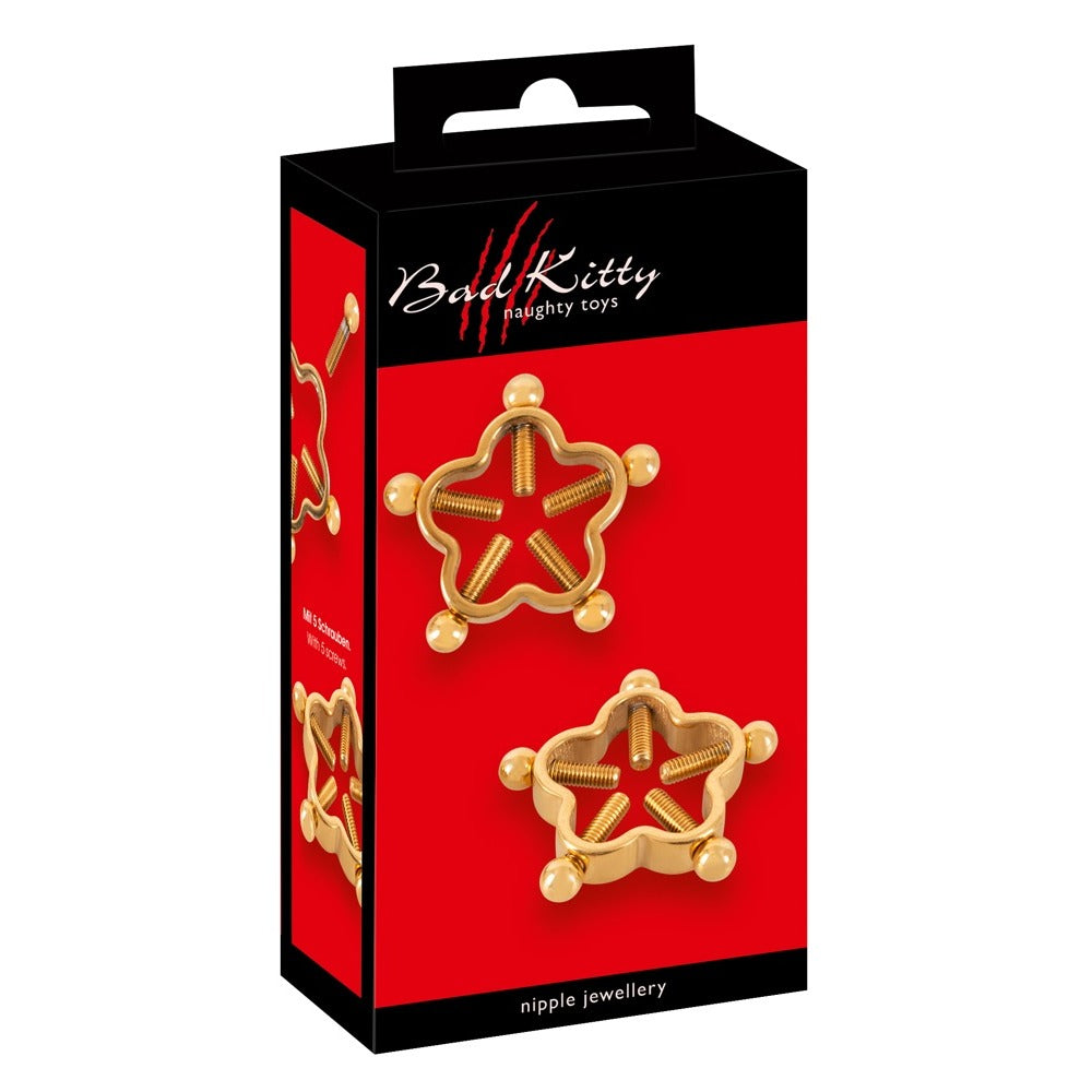 Boxed Bad Kitty Golden Flower nipple jewellery. Daring, playful floral clamps for a touch of gilded temptation.