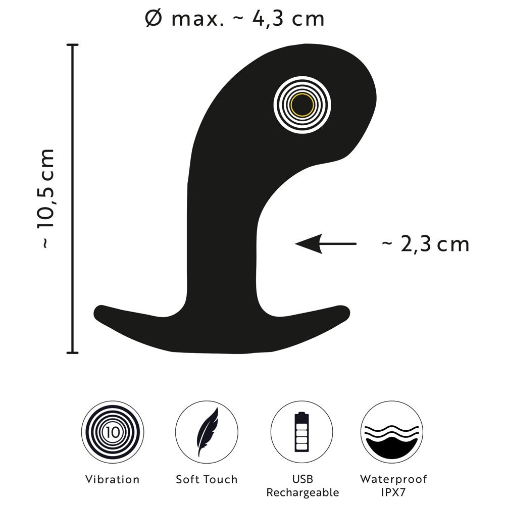 Prostate plug toy specs with dimensions, vibration, recharge, soft touch and waterproof details.