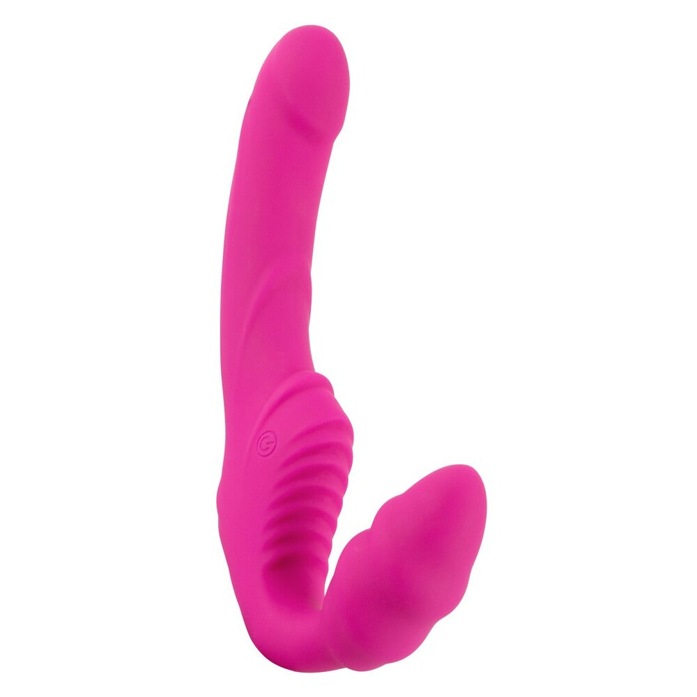 Pink vibrating strapless dual-ended strap-on for adventurous pleasure.