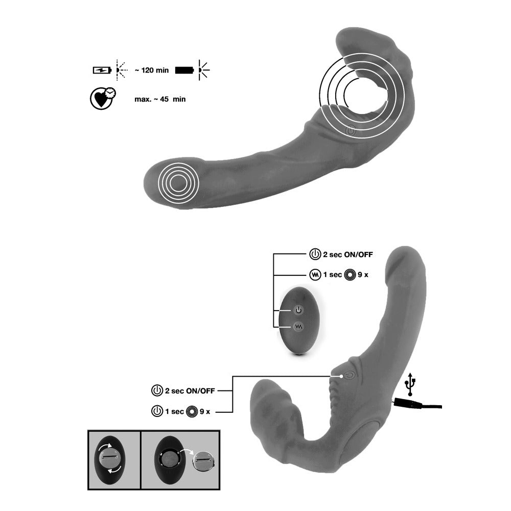 Vibrating strapless strap-on sex toy with remote control and charging cable.