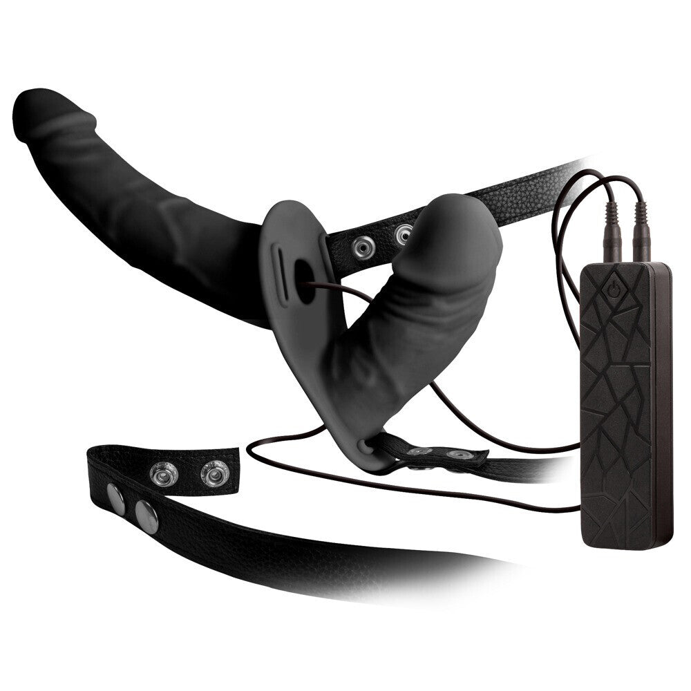 Black double-ended dildo with harness and power control.