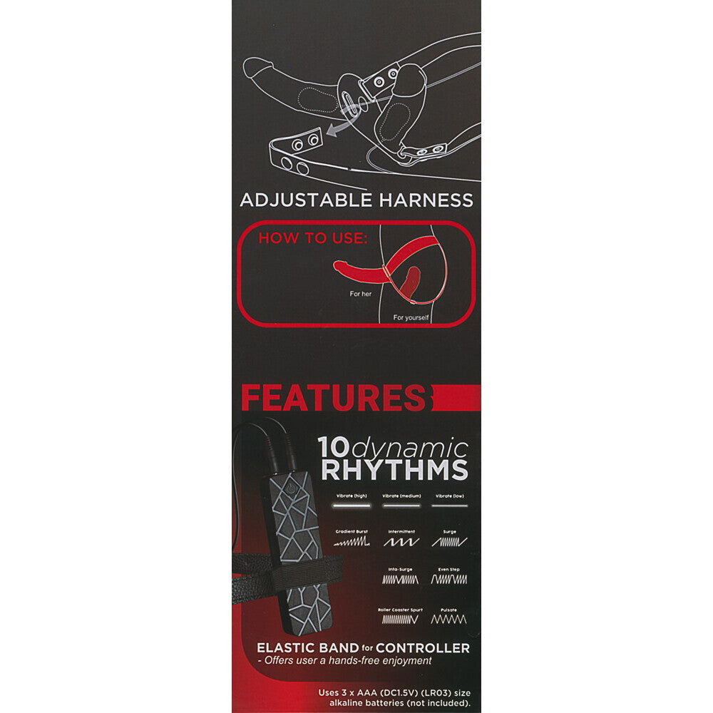 Double-ended dildo harness instructions featuring adjustable straps and various vibration modes for partner and self-play.