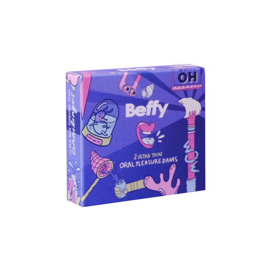 Beffy Dams: Ultra-thin protection for consensual oral pleasure, packaged with playful confidence and cheeky artwork.