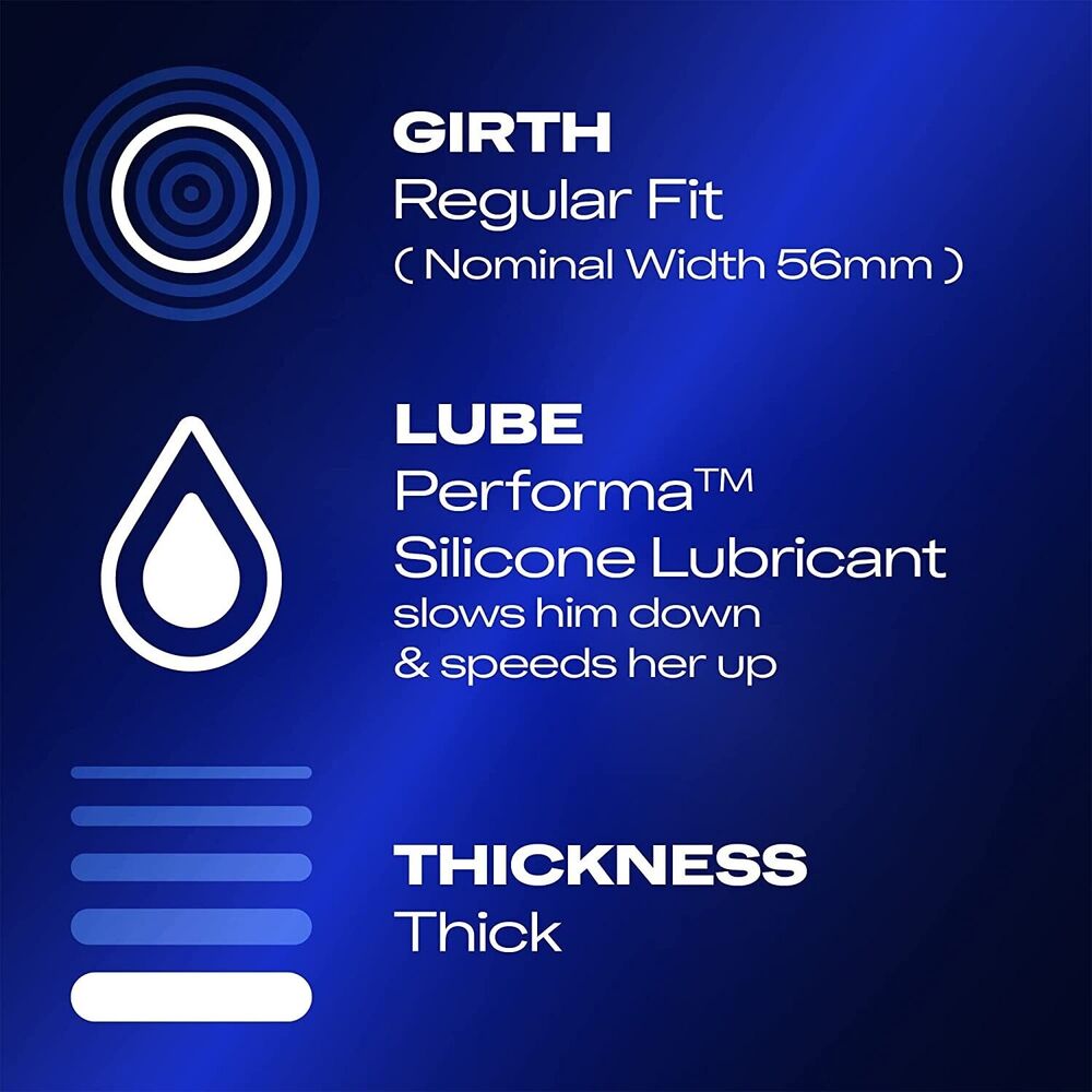 Durex Mutual Climax condom info: regular fit, Performa™ lube, and thick construction.