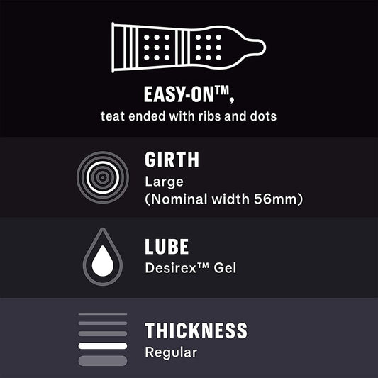 Durex condom details: ribbed, dotted, large, Desirex gel, regular.