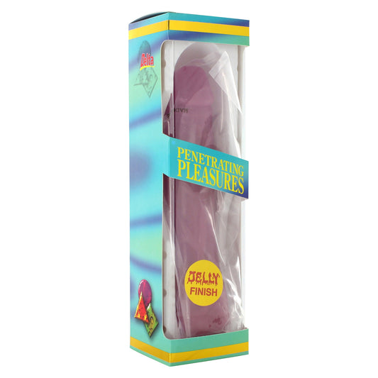 Purple jelly dildo in packaging.