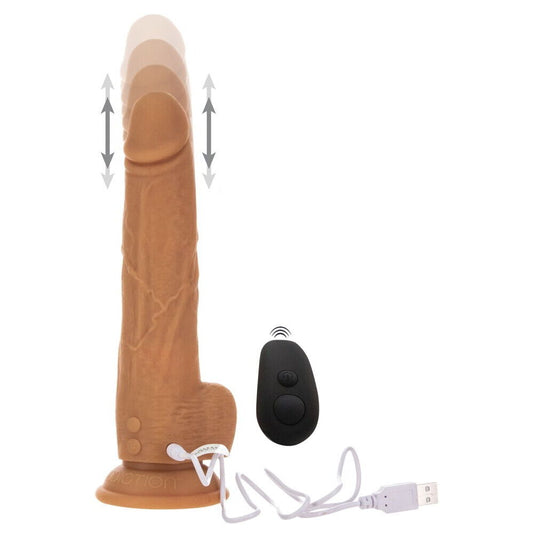 Caramel thrusting dildo with remote control and charging cable