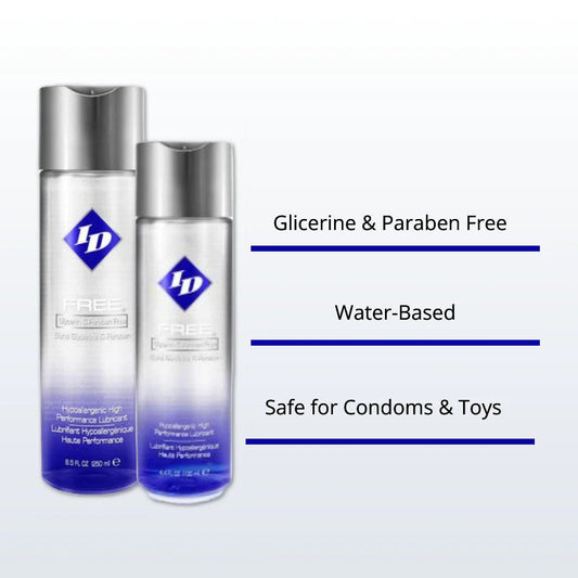 ID Free water-based lube: Glycerine & paraben-free for toy & condom-safe fun. High performance, hypoallergenic lubricant.