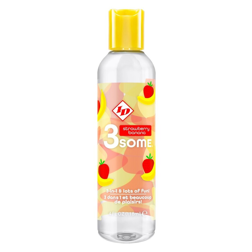 ID Lube 3Some Strawberry Banana lubricant. It's a 3-in-1 lubricant for intimate fun, bottled in a playful, fruity design.