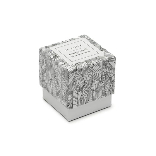Je Joue Ylang Ylang and Mandarin massage candle, in its patterned box. Blissful pampering.