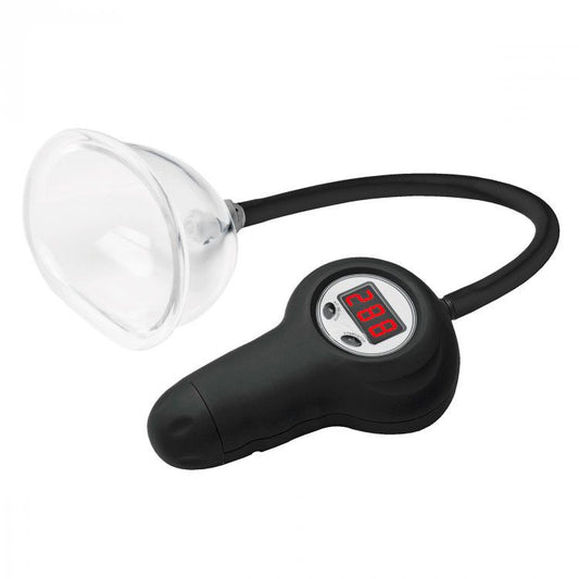 Size Matters Digital Pussy Pump by XR Brands. Clear cup, black handle, digital display. Explore pleasure with confidence.