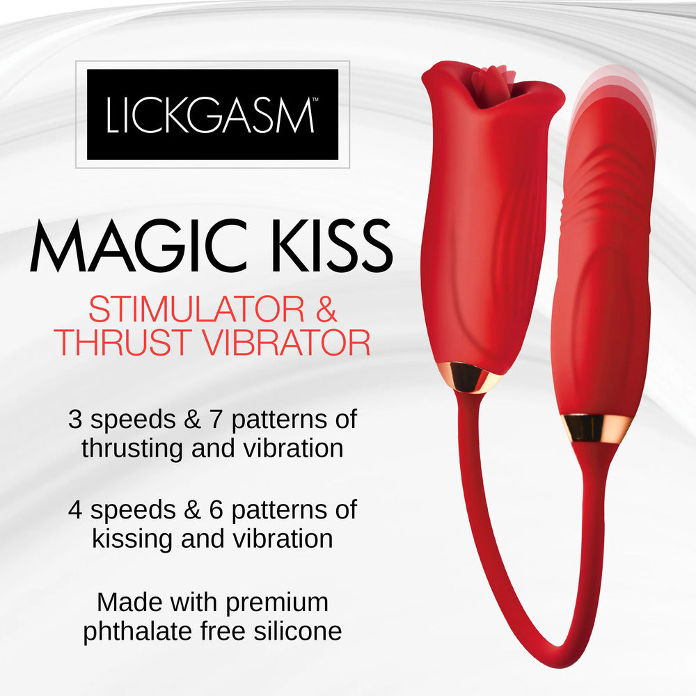 Lickgasm Magic Kiss vibrator, rose shape and thrusting vibe, red silicone sex toy for clitoral stimulation and pleasure.