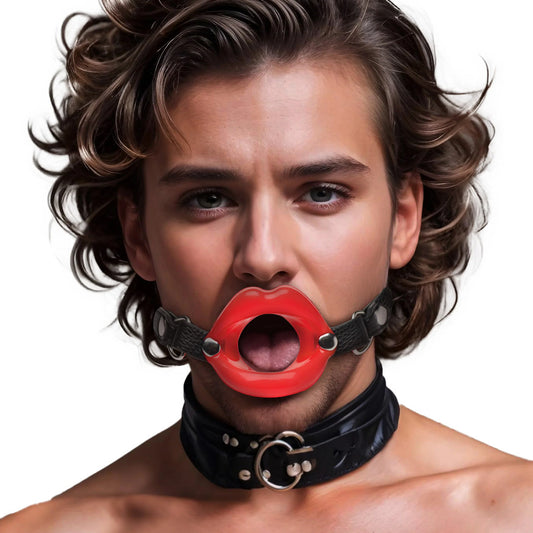 Man wearing XR Brands' red silicone "Juicy Lips" gag with black collar.