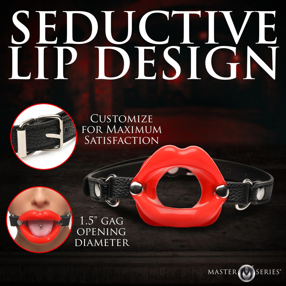 Juicy Lips open mouth gag. Playful bondage restraint with an adjustable black strap and red silicone lips.