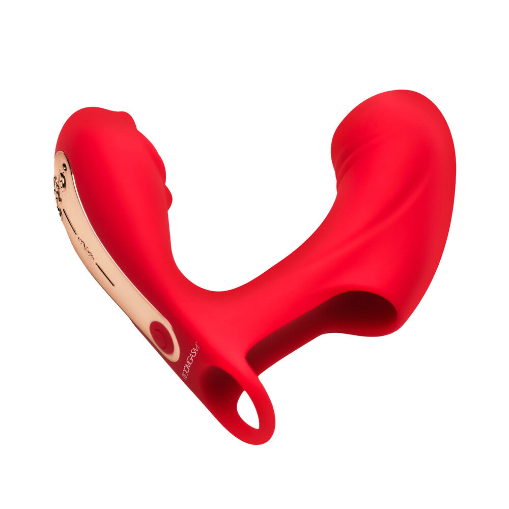 Red silicone finger vibrator with pulsing feature for playful pleasure.