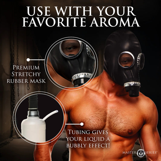 Sultry bloke in gas mask with bubbly aroma bottle, ready for a playful night.