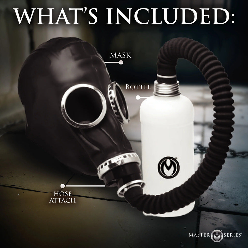 Master Series Dark Inhaler Gas Mask with bottle, including labelled parts.