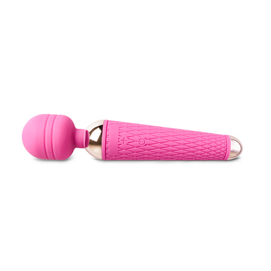 Pink rechargeable magic wand with 10 speeds.