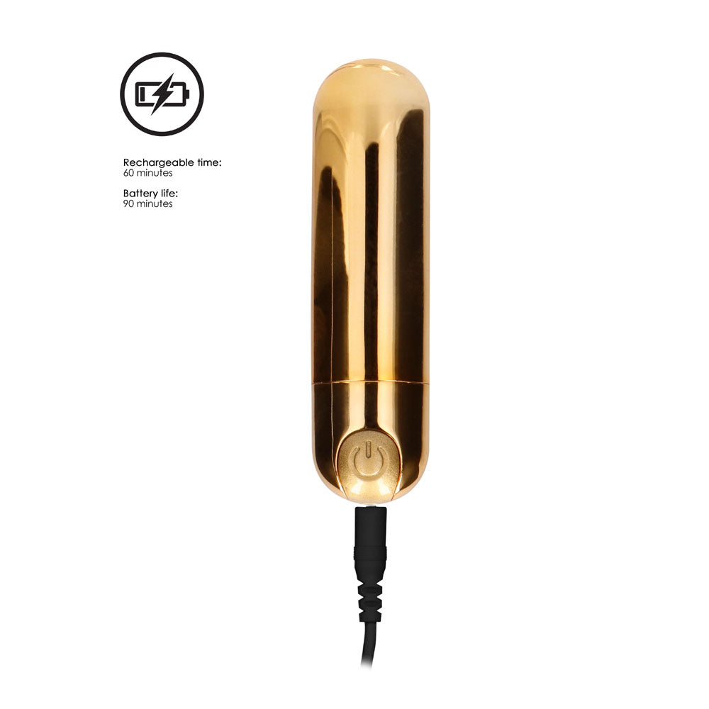 Gleaming gold bullet vibrator, promising ten speeds of thrilling, rechargeable pleasure.