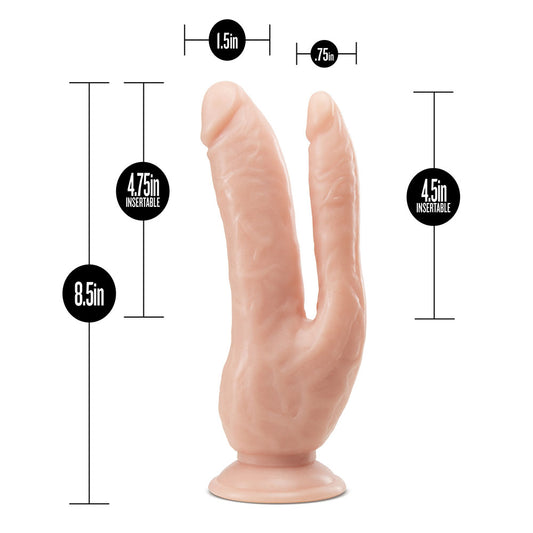 Dual penetrating dildo with suction cup, dimensions indicated.