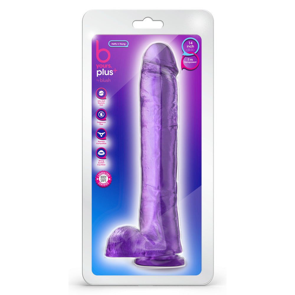 A hefty, transparent purple dildo, packaged to tease, promising tantalising pleasures and a touch of cheeky fun.