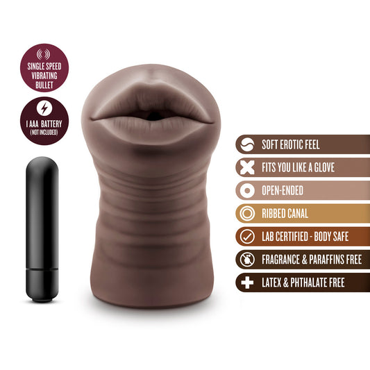 Hot Chocolate Heather vibrating mouth masturbator with bullet vibrator.
