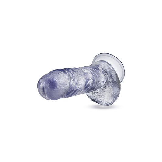 Clear, textured dildo with suction cup base, promising a thrilling adventure.