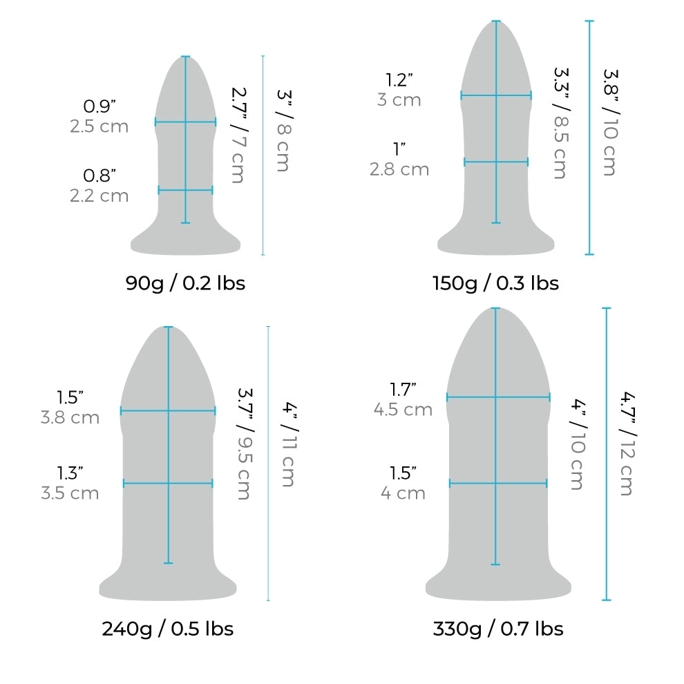 Dimensions guide for bVibe's silky smooth anal dilator set. Sizes range from gentle to adventurous!
