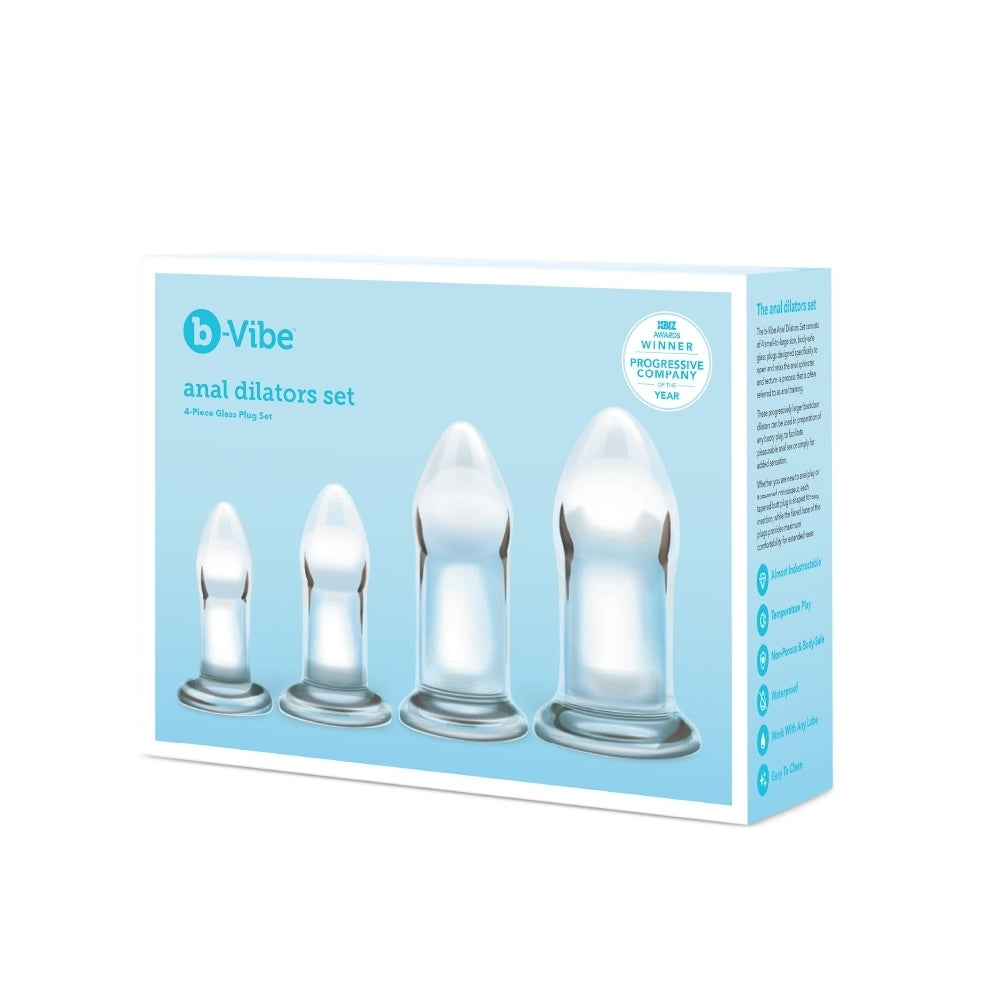 A shimmering quartet: B-Vibe's glass anal dilators offer sensual training. Embrace exploration with elegant ease.