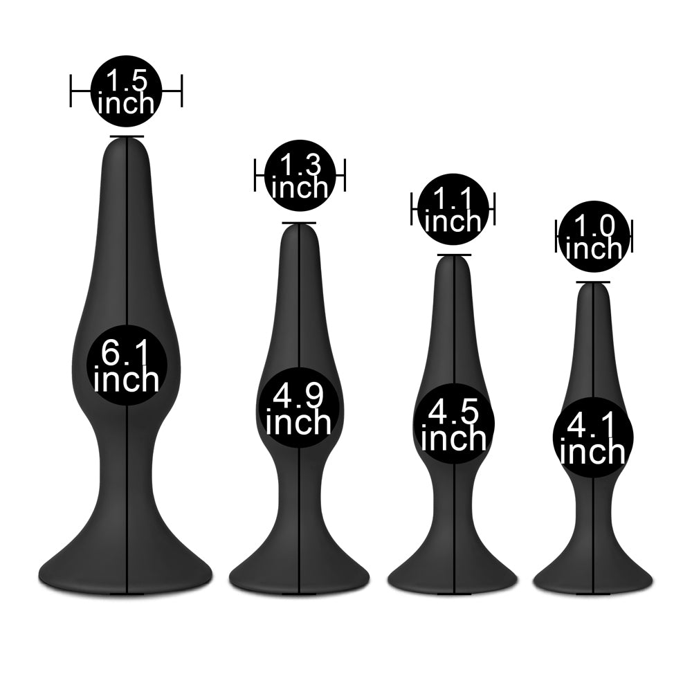 Black silicone butt plugs, four sizes