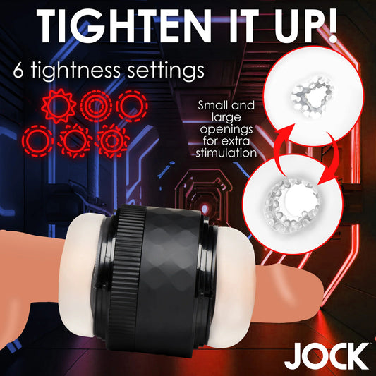 Jock stroker with six tightness settings and adjustable internal textures.