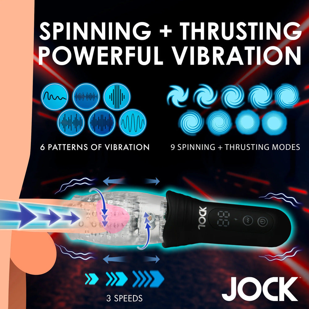 Jock vibrating masturbator with spinning, thrusting, vibration options and speed settings.
