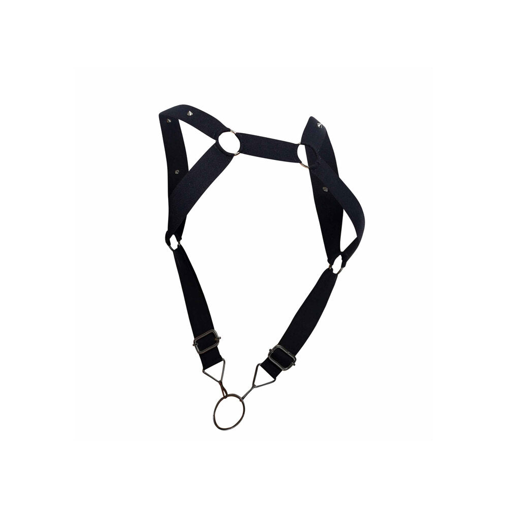 Black elastic strappy chest harness and cockring
