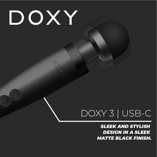 Doxy Wand 3, sleek matte black USB powered massager. Pleasure awaits.