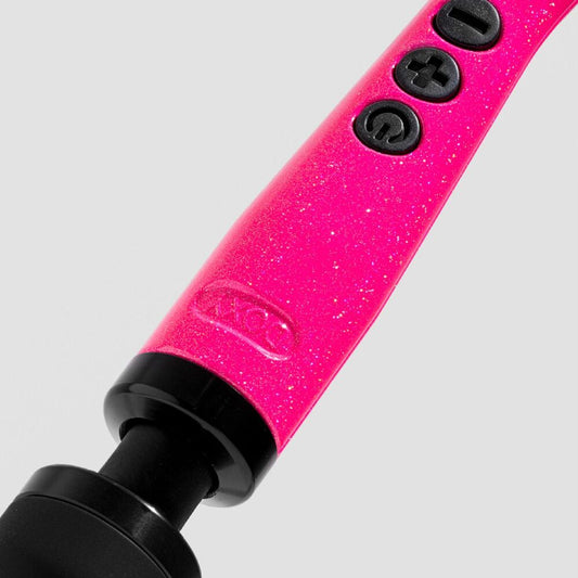 Close-up of a hot pink Doxy wand massager.