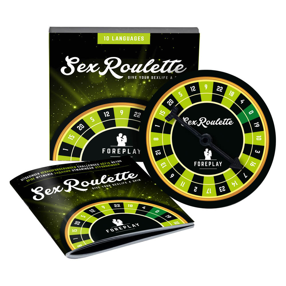 Foreplay Sex Roulette game with roulette wheel, box, and booklet for adventurous couples. Spice up your love life!