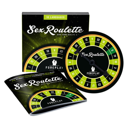 Foreplay Sex Roulette game with roulette wheel, box, and booklet for adventurous couples. Spice up your love life!