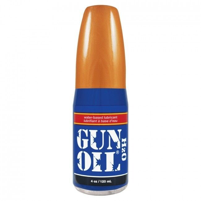 Gun Oil H20 water-based lubricant in a blue and copper bottle.
