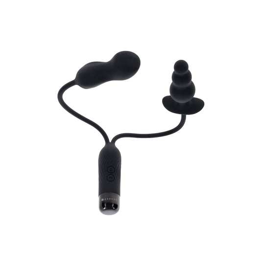 Black pleasure product with dual stimulators for double the fun.
