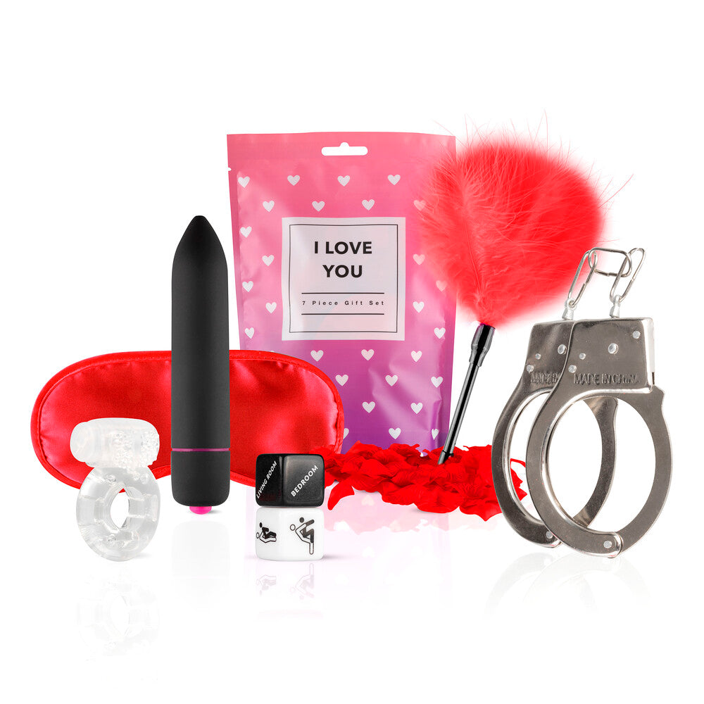 LoveBoxxx 'I Love You' gift set with vibe, cuffs, dice, mask, cock ring and feather tickler. Playful vibes!
