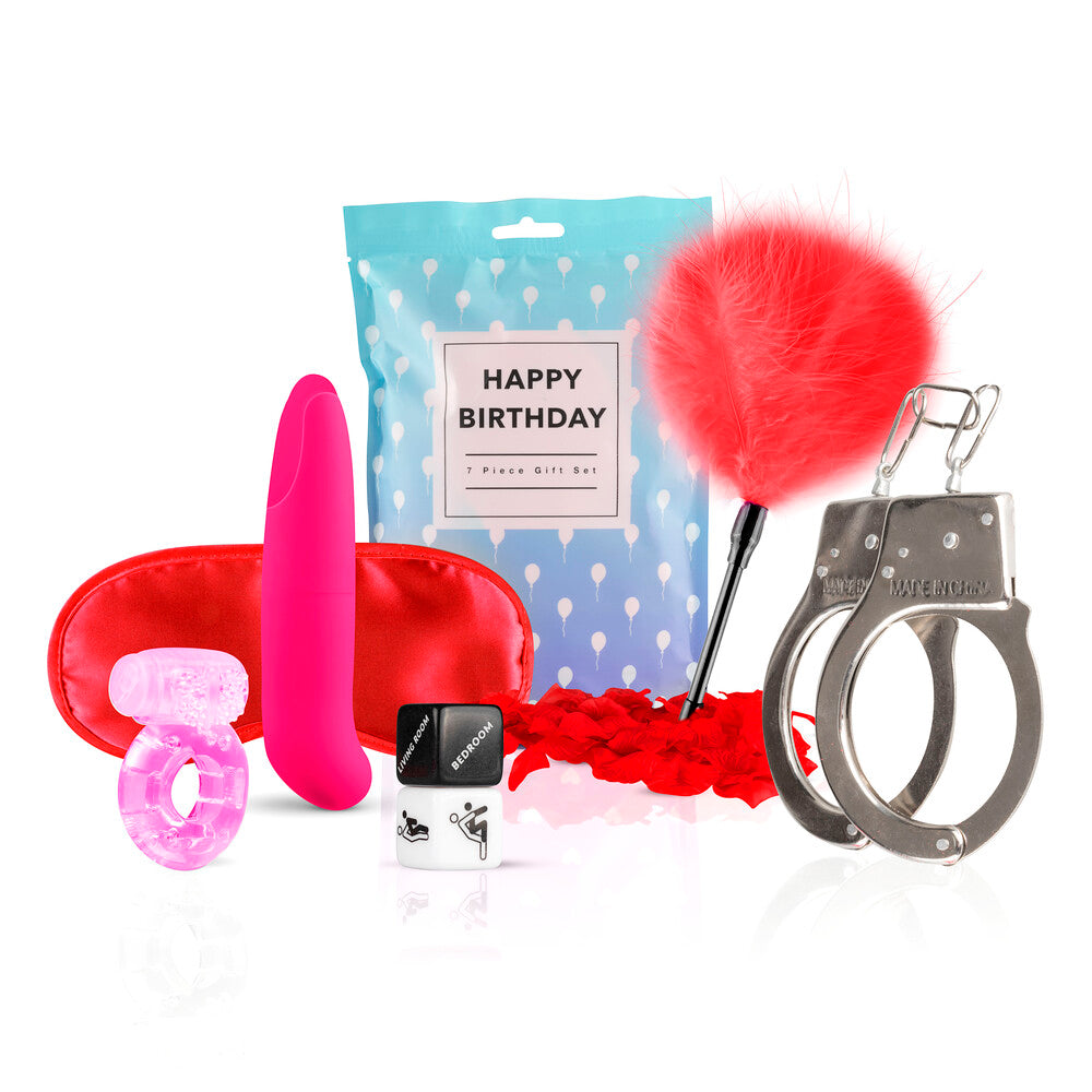 Loveboxxx: Let's Celebrate gift set features fun accessories, including a vibrator, handcuffs, and a feather tickler.