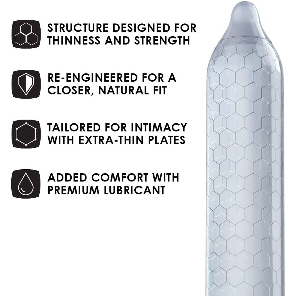 Lelo Hex condom, featuring its hexagonal design, ultra-thin build, premium lubricant and snug, natural fit.